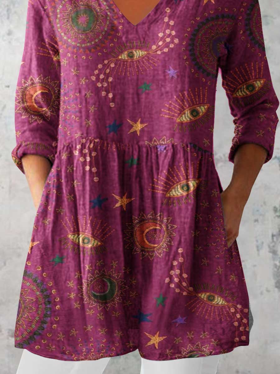 Women's Elegant Floral Pattern Cotton and Linen Top