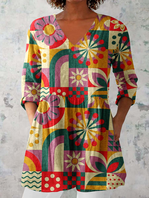 Women's Retro Geometric Pattern Cotton and LinenTop