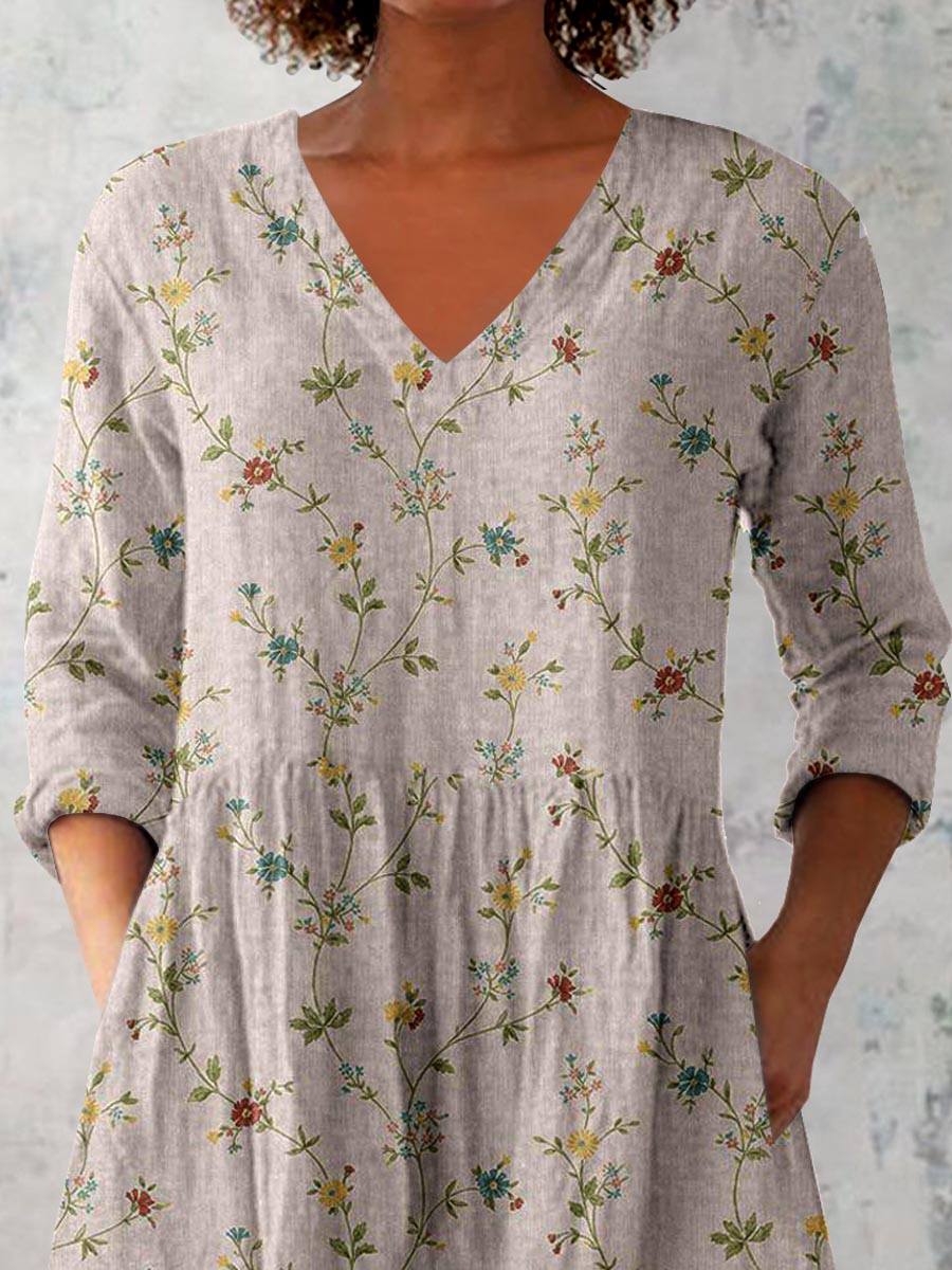 Women's Elegant Art Floral Print V-Neck Cotton and Linen Top
