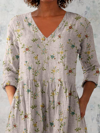 Women's Elegant Art Floral Print V-Neck Cotton and Linen Top