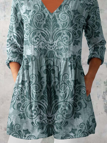 Women's Elegant Floral Print Doll Neck Cotton and Linen Top