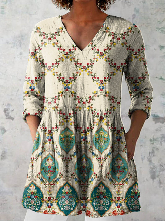 Women's Vintage Lovely Floral Art Print Casual Linen V-neck Shirt