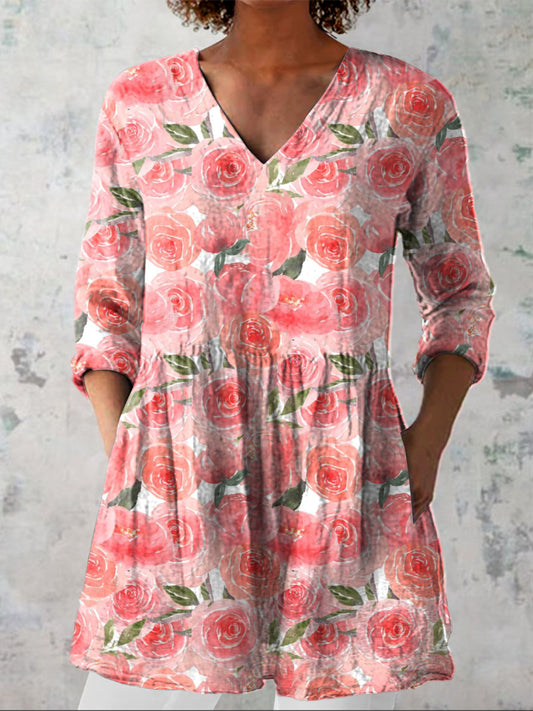 Watercolor French Rose Pattern Printed Women's Casual Linen V-Neck Shirt