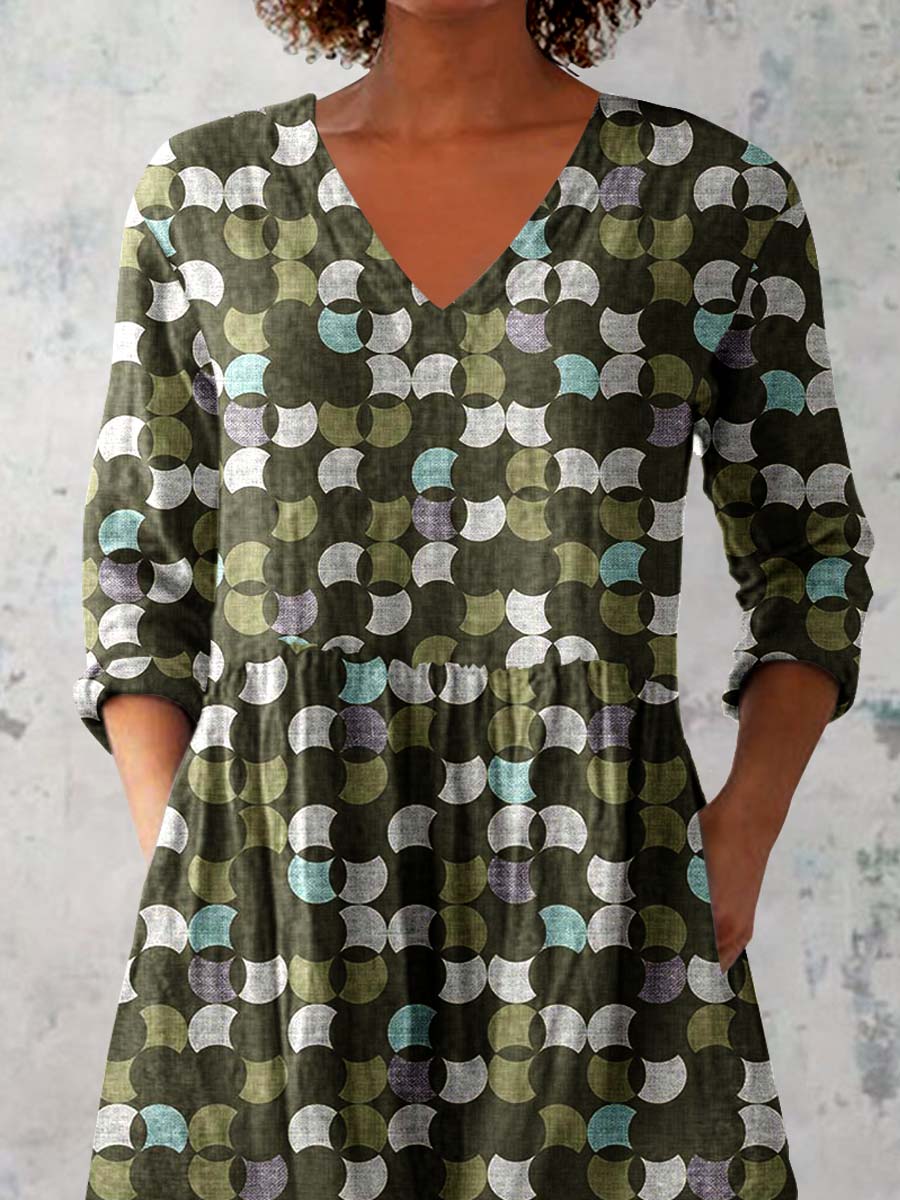 Women's Art Geometric Print V-Neck Cotton and Linen Top