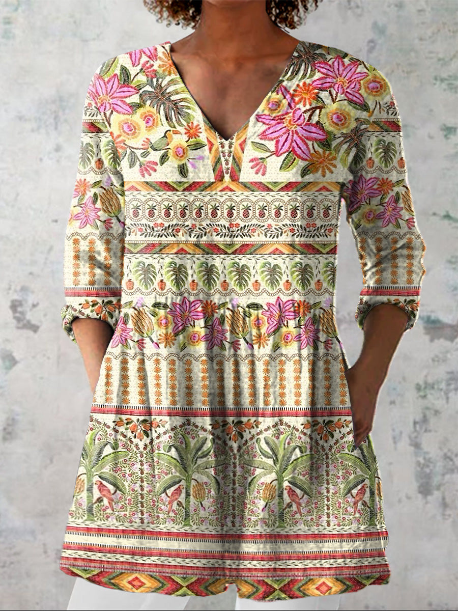 Ethnic Tropical Pattern Printed Women's Casual Linen V-Neck Shirt