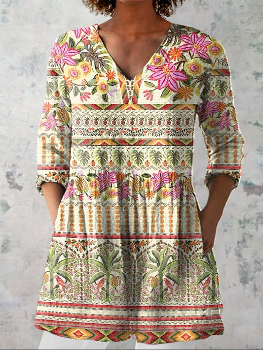 Ethnic Tropical Pattern Printed Women's Casual Linen V-Neck Shirt