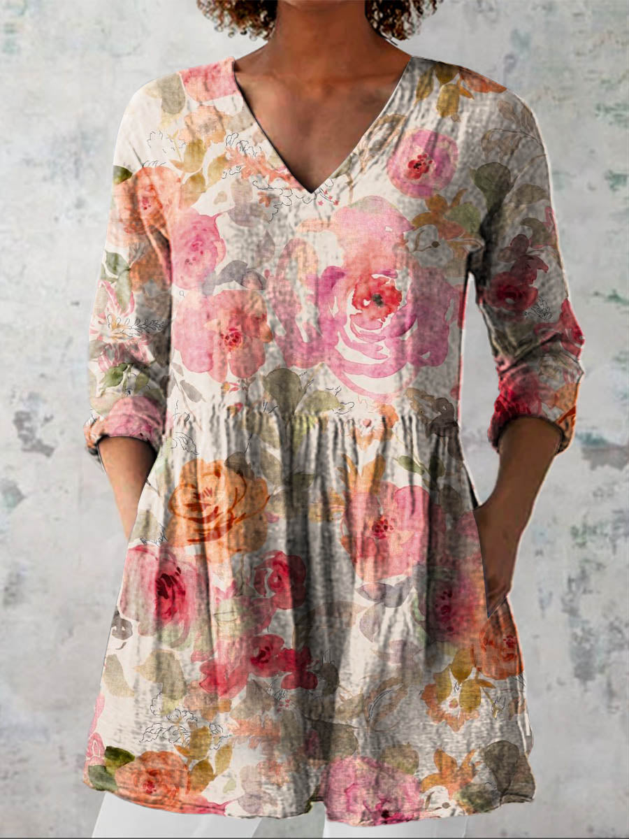 Women's Vintage Lovely Floral Pattern Art Print Casual Cotton Linen V-neck Shirt