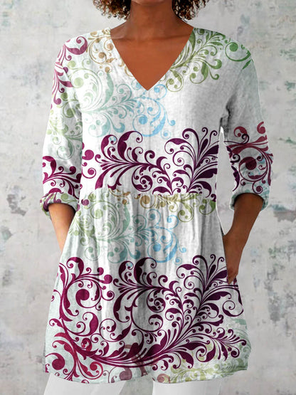 Women's Elegant Decorative Floral Pattern Cotton and Linen Top