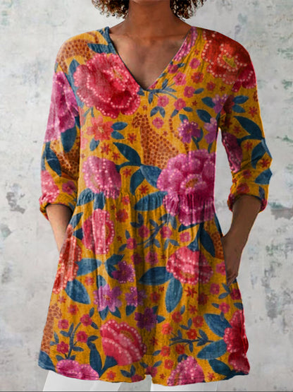 Tropical Jungle Pattern Printed Women's Casual Linen V-Neck Shirt