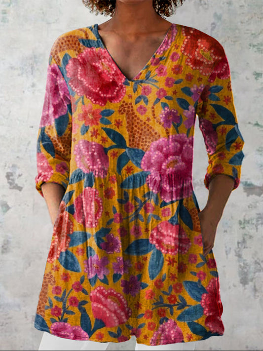 Tropical Jungle Pattern Printed Women's Casual Linen V-Neck Shirt