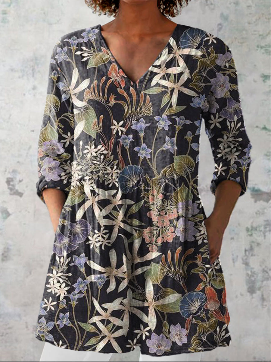 Midnight Summer Woodland Pattern Printed Women's Casual Linen V-Neck Shirt
