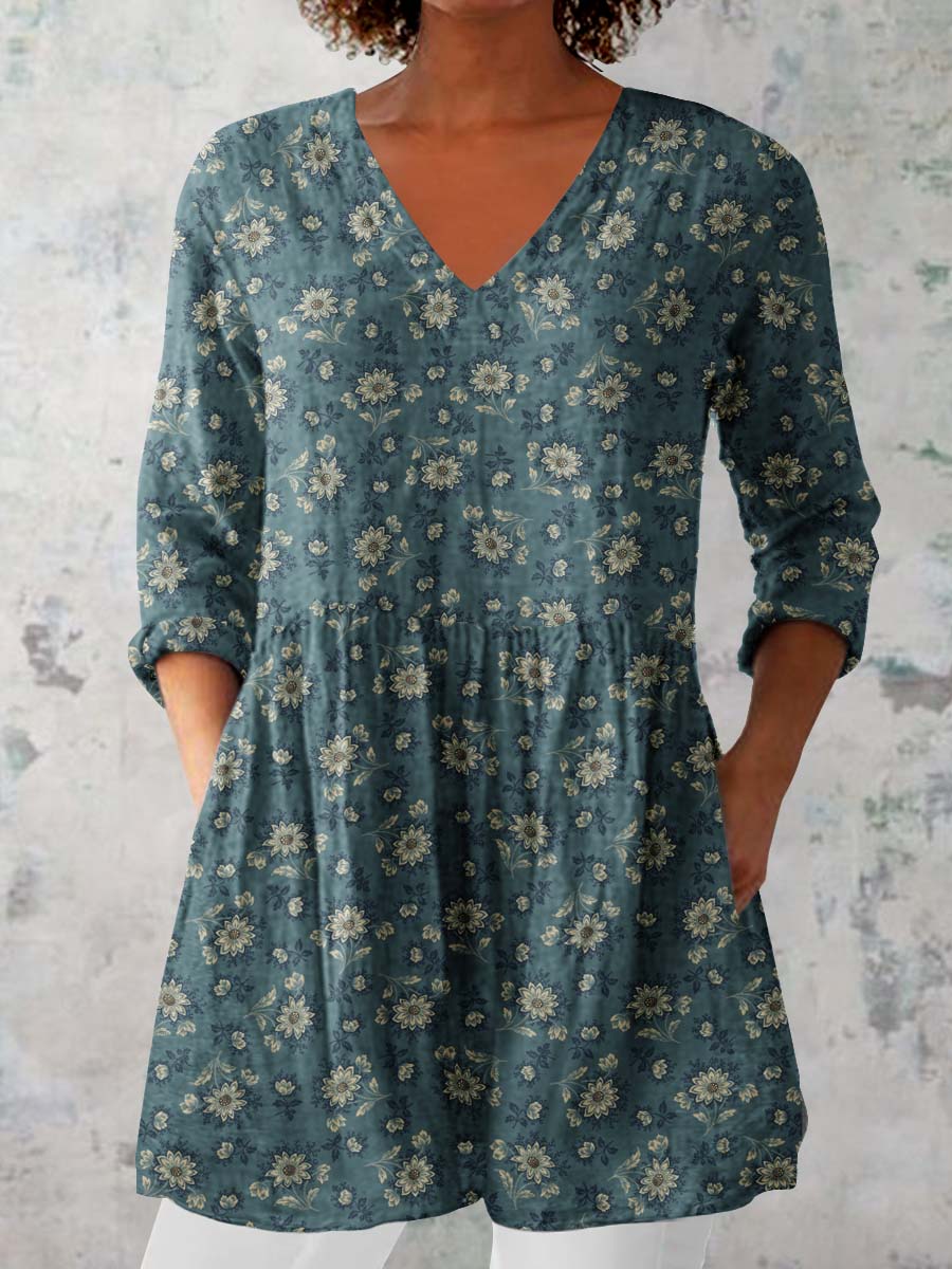 Women's Classic Round Neck Floral Pattern Cotton and Linen Top
