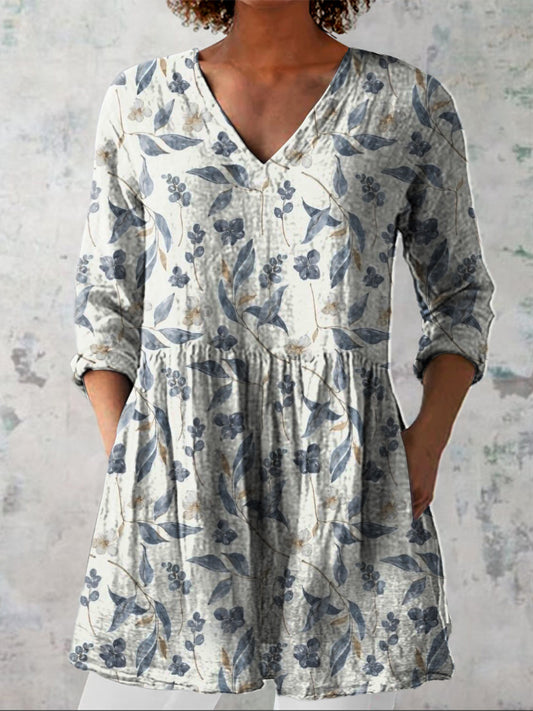 Watercolor Garden Floral Pattern Printed Women's Casual Linen V-Neck Shirt