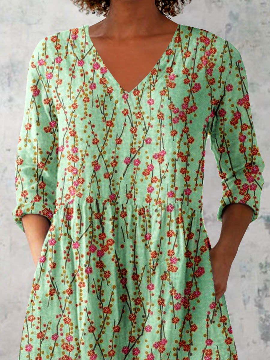 Women's Elegant Floral Pattern Cotton and Linen Top