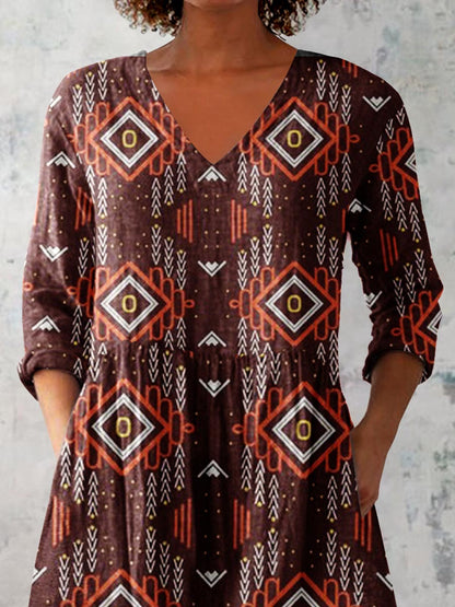 Women's Art Geometric Print V-Neck Cotton and Linen Top