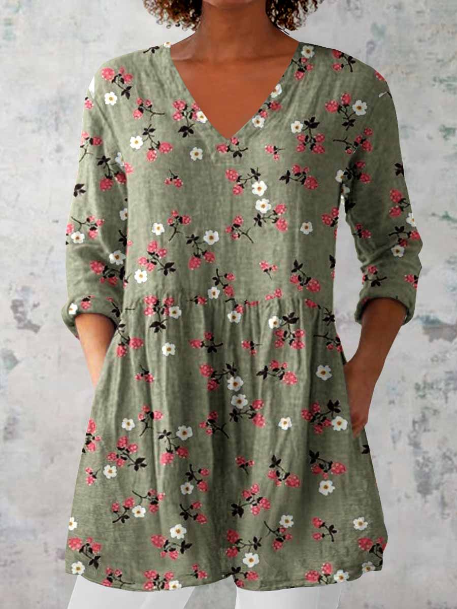 Women's Elegant Floral Print V-Neck Cotton and Linen Top