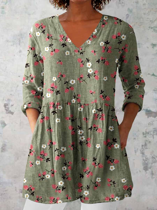 Women's Elegant Floral Print V-Neck Cotton and Linen Top