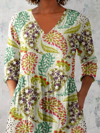 Women's Elegant Floral Pattern Cotton and Linen Top