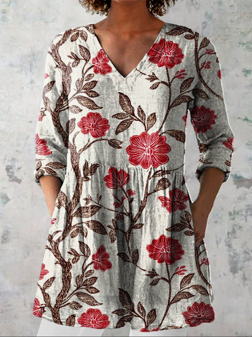 Women's Vintage Lovely Floral Art Print Casual Linen V-neck Shirt