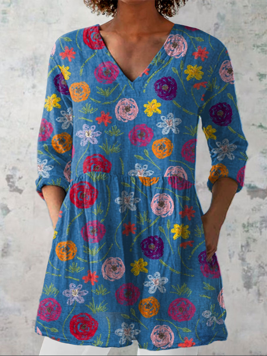 Women's Country Style  Flowers Art  Print Casual Linen V-neck Shirt