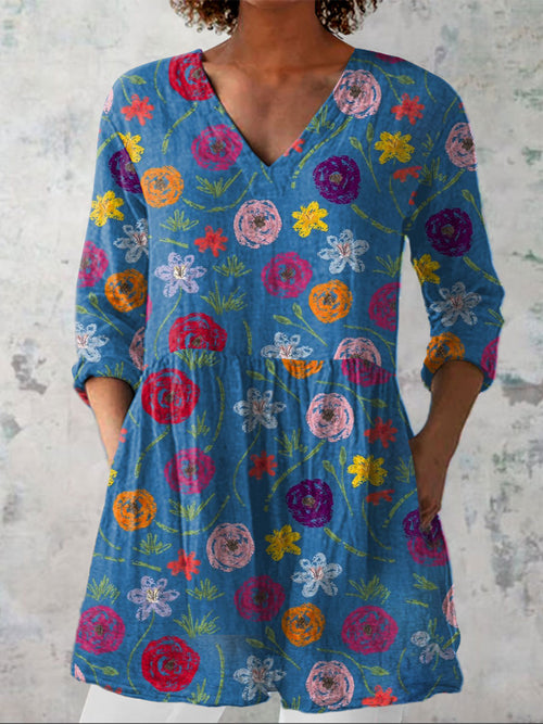 Women's Country Style  Flowers Art  Print Casual Linen V-neck Shirt