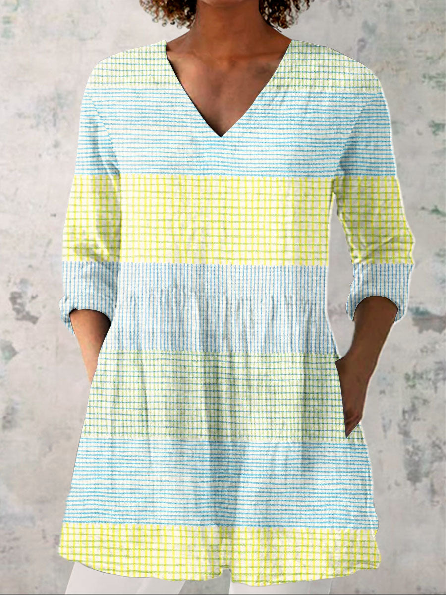 Women's Vintage Abstract Geometric Line Art Print Casual Linen V-neck Shirt