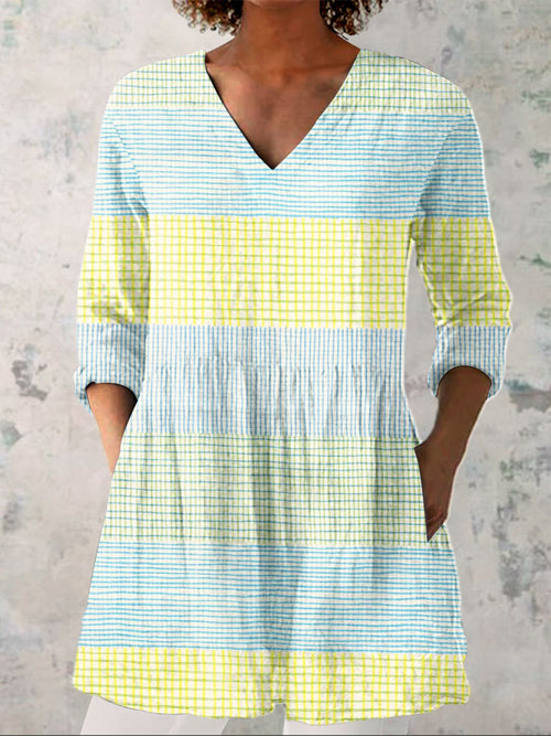 Women's Vintage Abstract Geometric Line Art Print Casual Linen V-neck Shirt