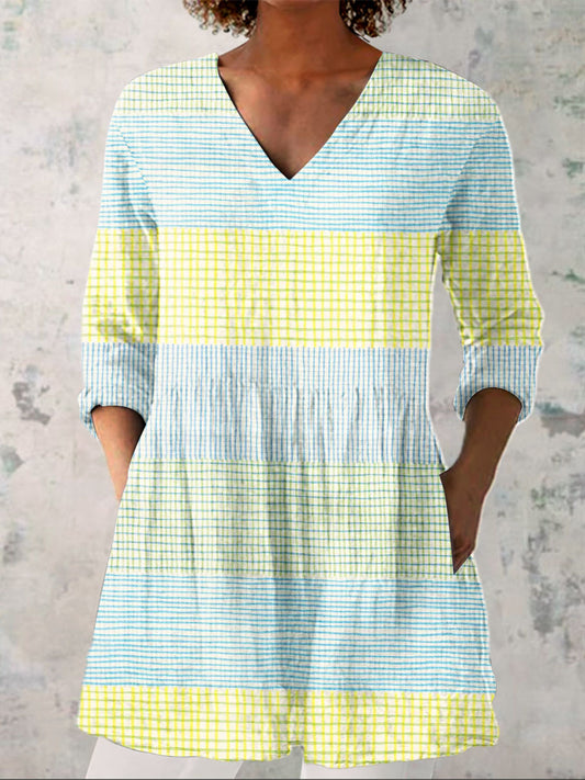 Women's Vintage Abstract Geometric Line Art Print Casual Linen V-neck Shirt