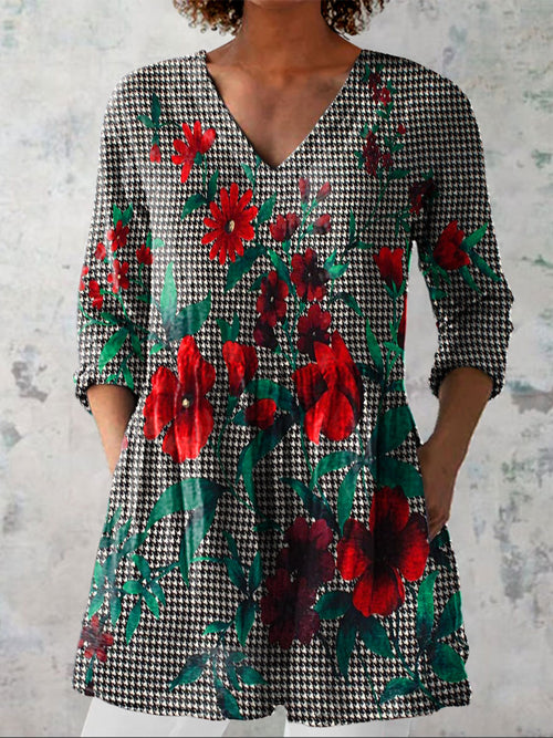 Women's Colorful Flower Art Print Casual Linen V-neck Shirt