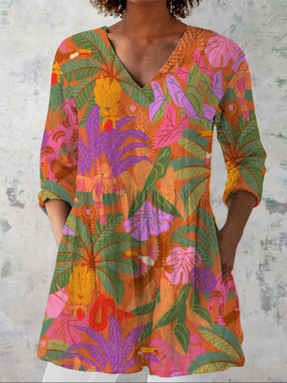 Vibrant Tropical Summer Pattern Printed Women's Casual Linen V-Neck Shirt