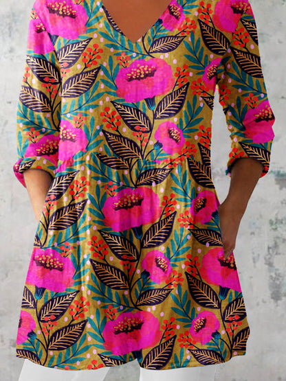 Women's Elegant Floral Pattern Cotton and Linen Top