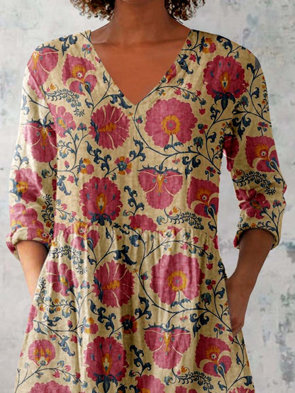 Women's Floral Pattern Cotton And Linen V-neck Top