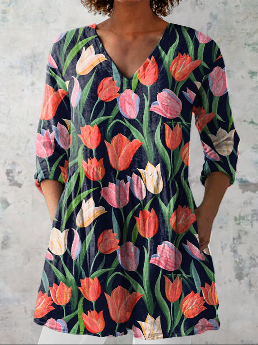 Tulip Floral Repeat Pattern Printed Women's Casual Linen V-Neck Shirt