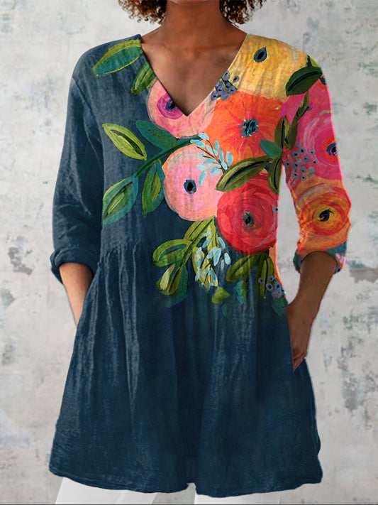 Women's  Vintage Floral Print Casual Linen V-neck Shirt