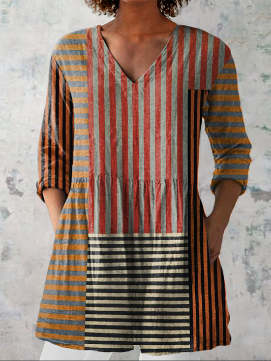 Strip Patchwork Pattern Printed Women's Casual Linen V-Neck Shirt