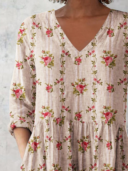 Women's Retro Floral Art Print Casual Cotton And Linen V-neck Top