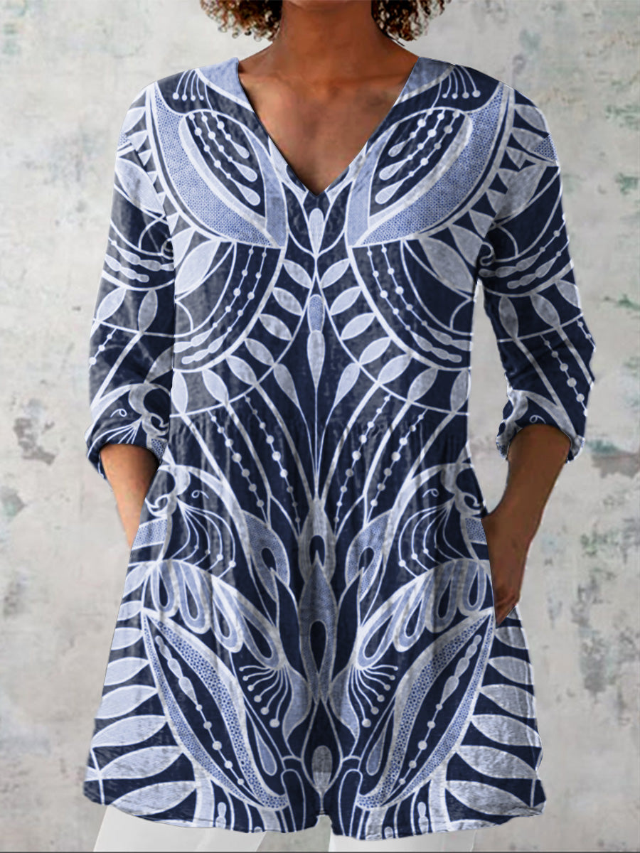 Ethnic Style Tropical Pattern Printed Women's Casual Linen V-Neck Shirt