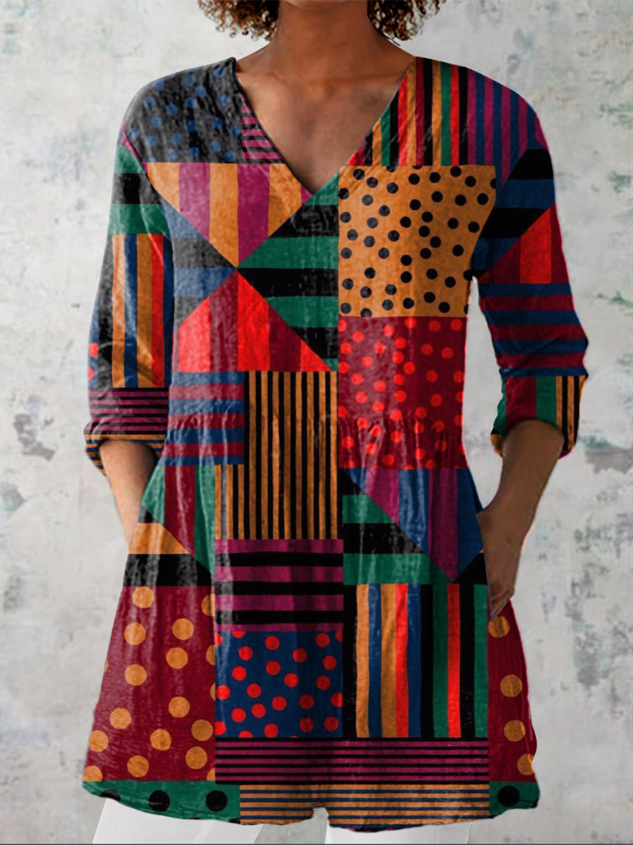 Multicolor Geometric Pattern Printed Women's Casual Linen V-Neck Shirt