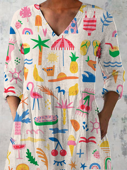 Lovely Summer Vacation Pattern Printed Women's Casual Linen V-Neck Shirt