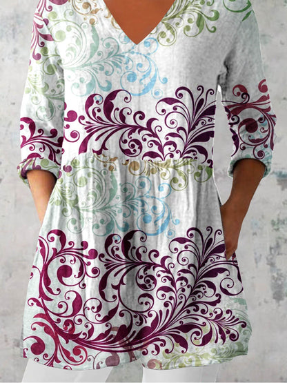 Women's Elegant Decorative Floral Pattern Cotton and Linen Top
