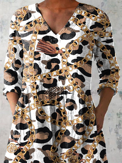 Stylish Gold Chain And Leopard Print Pattern Printed Women's Casual Linen V-Neck Shirt