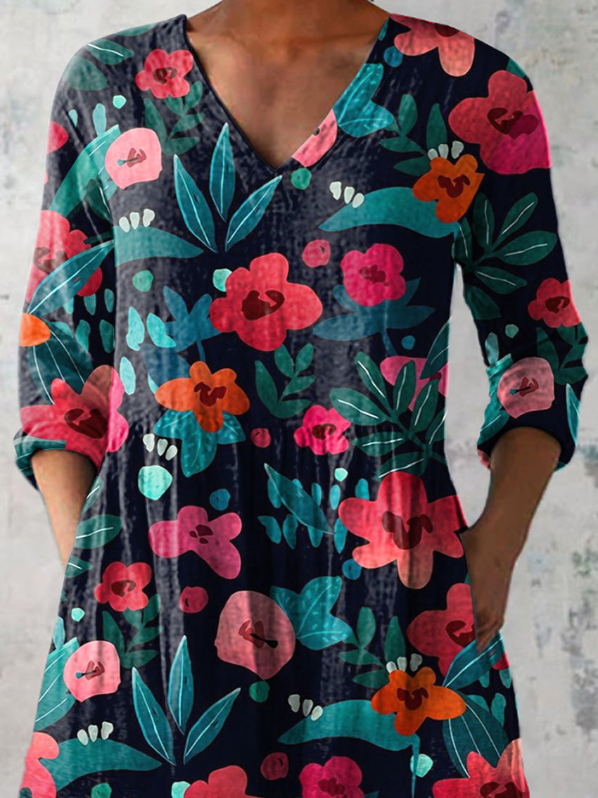 Midnight Summer Floral Pattern Printed Women's Casual Linen V-Neck Shirt