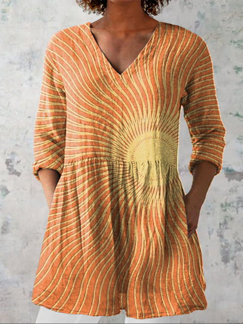 Celestial Sun Art Printed Women's Casual Linen V-Neck Shirt