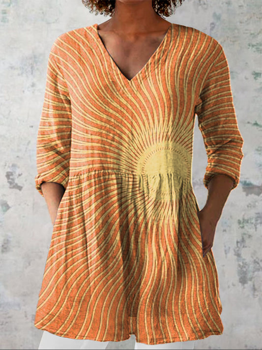Celestial Sun Art Printed Women's Casual Linen V-Neck Shirt