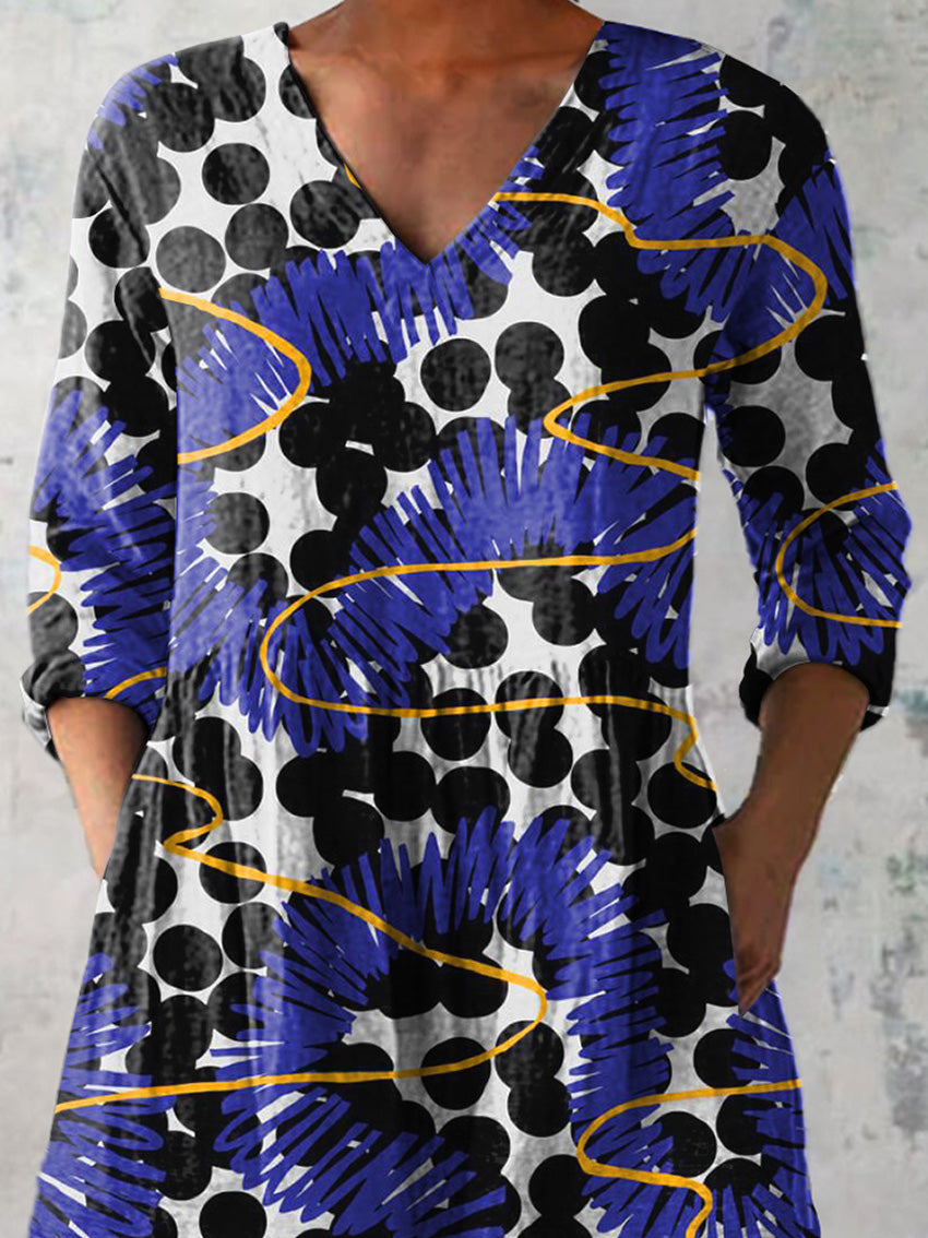 Abstract Geometric Pattern Printed Women's Casual Linen V-Neck Shirt