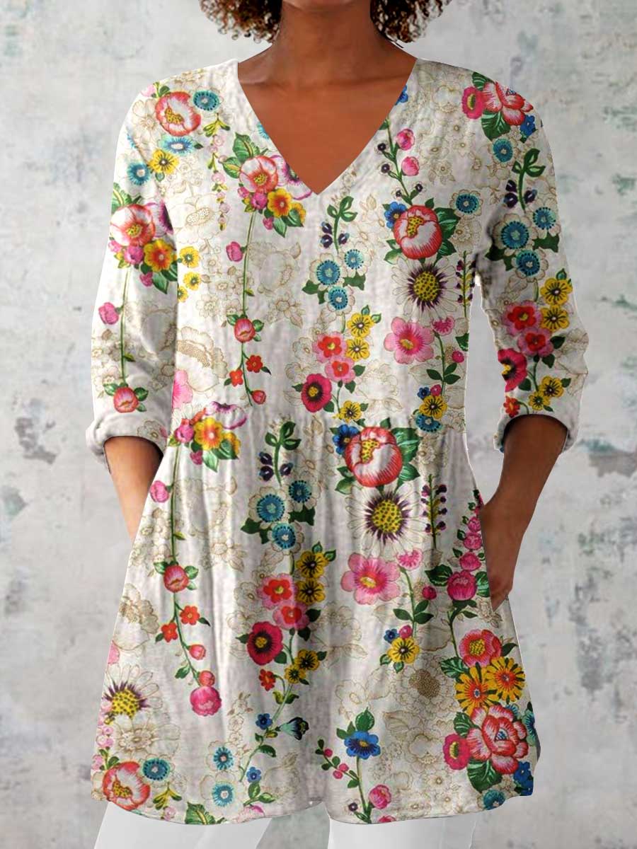 Women's Elegant Floral Cotton and Linen Top