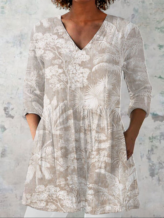 Women's  Vintage Floral Art Prin Casual Linen V-neck Shirt