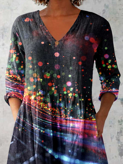 Women's Art Color Dot Print V-Neck Cotton and Linen Top
