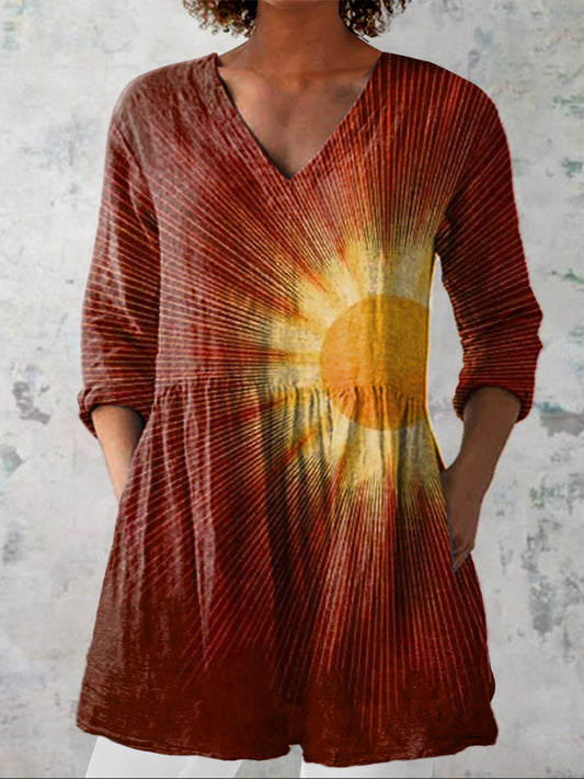 Vintage Sun Art Printed Women's Casual Linen V-Neck Shirt