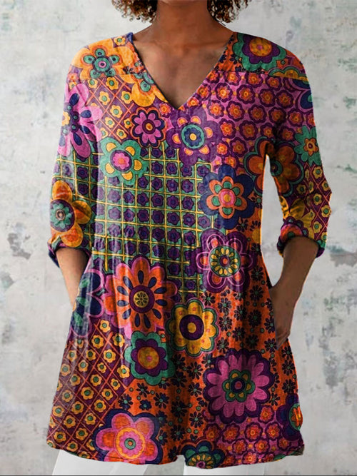 Women's Vintage Flower Art Print Casual Linen V-neck Shirt